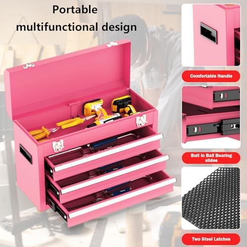 3 Drawer Metal Tool Box, Portable Metal Tool Box with EVC Liners and Latches Closure, Heavy Duty Steel Tool Chest with Ball Bearing Opening and Powder Coated Finish, Pink