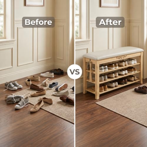 Shoe Rack Bench Entryway Storage with Leather Cushion, 31.5"