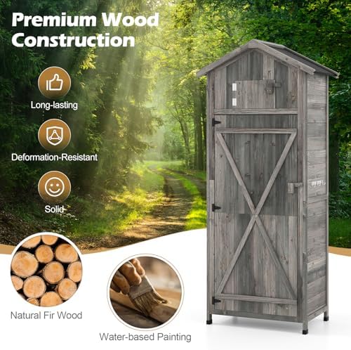 IRONMAX Outdoor Wooden Storage Shed with Folding Table, Grey, 30“x20”x70”