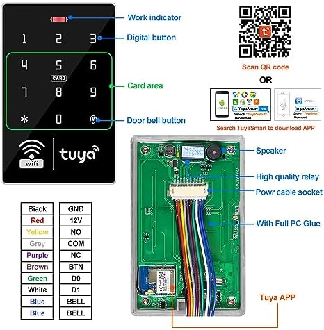 WiFi Tuya APP Access Control System Waterproof Kits RFID Keypad Controller 125KHz 13.56MHz + Door Electric Strike Lock + DC12V Power Supply, 10,000 Large User Capacity