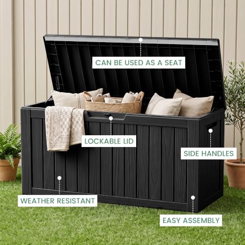 80 Gallon Outdoor Storage Box, Waterproof Resin Deck Box with Side Handles, Lockable Outdoor Bench for Indoor & Outdoor Use, Storage Bin for Patio Cushions, Garden Tools