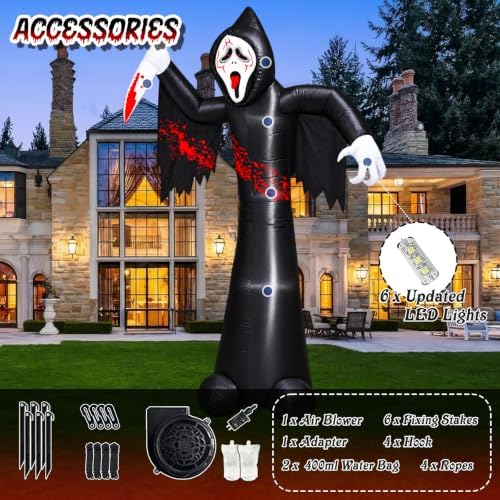 12FT Halloween Inflatable Decorations, Grim Reaper Ghost with Knife, 6 LED Lights, Spooky Face Scary Halloween Party Decorations, Large Blow Up Outdoor Yard Decor for Lawn Garden Party Graveyard