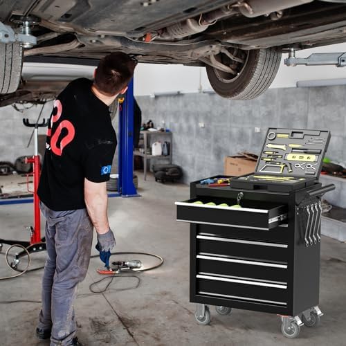 5 Drawers Metal Rolling Tool Chest, Portable Storage Tool Box with Wheels, Toolbox with Lock for Warehouse, Garage, Repair Shop and Tool Room
