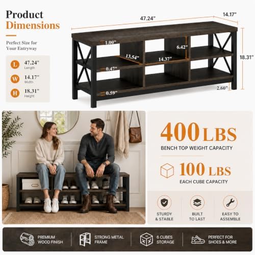 FATORRI Industrial Shoe Bench with Storage, Rustic Entryway Bench
