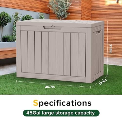 45 Gallon Outdoor Storage Box Waterproof, UV Resistant Deck Box, Lockable Resin Deck Box for Garden Tools Equipment and Cushions, Gray