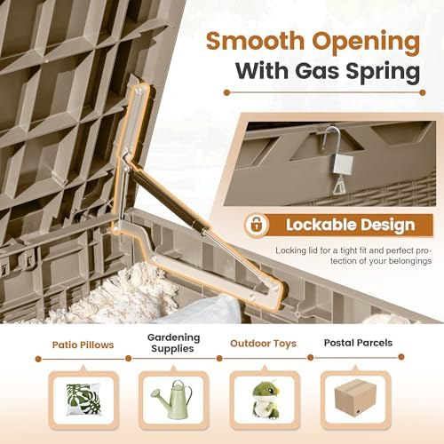 Greesum 100 Gallon Resin Patio Storage Box for Garden Tools, Coffee