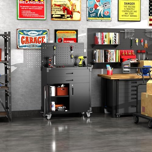 Tool Cart with Wheels and 2 Drawers, Metal Garage Storage Cabinet with Lockable Doors, Pegboard and 4 Hooks for Garage, Workshop, Tool Chest, Heavy Duty Work Bench, Black, Assembly Required