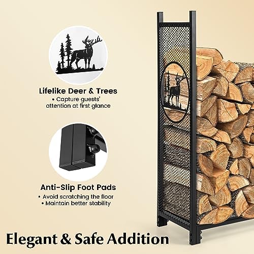 Goplus Firewood Rack Outdoor, 4 FT Metal Firewood Holder with Mesh Sides & Base, Decorative Deer Patterns, Indoor Log Storage Rack, Wood Rack for Fireplace, Fire Pit, Woodstove (48" x 15" x 46")