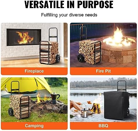 VEVOR Firewood Cart, 250 lbs Capacity, Black Heavy Duty Steel Dolly Hauler with PU Wheels & Waterproof Cover, Outdoor and Indoor Wood Rack Storage Mover, Firewood Carrier for Fireplace, Fire Pit