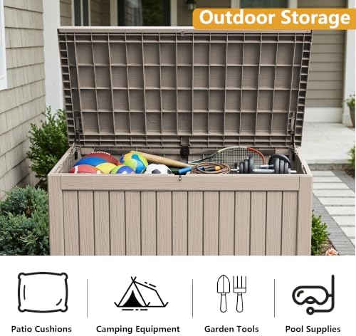 300 Gallon Outdoor Storage Box Waterproof Lockable Resin Deck Box Large, Patio Storage Bin for Pool Accessories Cushion Furniture, Garden Tools, UV-Resistant Outside Delivery Grey