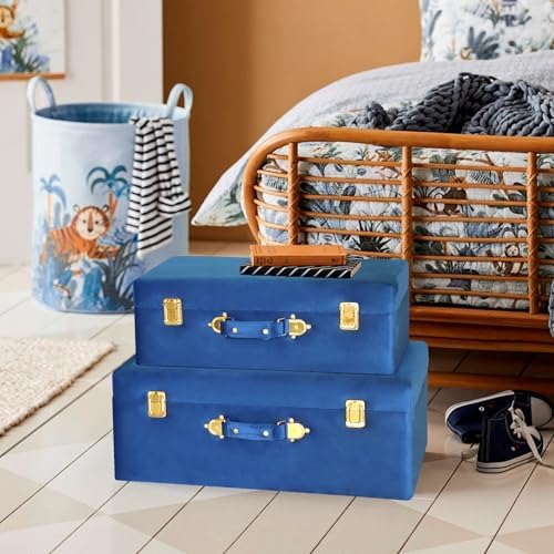 HofferRuffer Velvet Storage Trunks with Wood Frame, Set of 2 Storage Chests with Handles, Bedroom Organizer Nesting Upholstered Decorative Boxes Hinged Lid with Gold Hardware Accents (Blue Trunks)