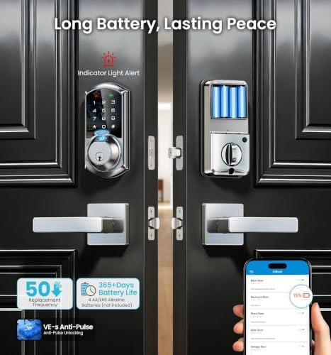 Veise VE07 Fingerprint Smart Deadbolt Lock, App Control, Fobs, Satin Nickel