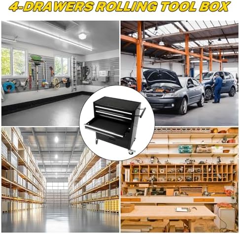 4-Drawer Heavy-Duty Rolling Steel Tool Cart with Handle&Wheels, Black Metal Storage Cabinet, Tool Chest for Efficient Tool Storage in Garage, Warehouse, Workshop, Repair Shop