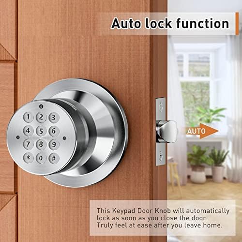 Keyless Entry Door Lock, Door Knob with Keypad, Smart Code Door Lock, Mute Mode, Passage Function, Easy to Install, Satin Nickel