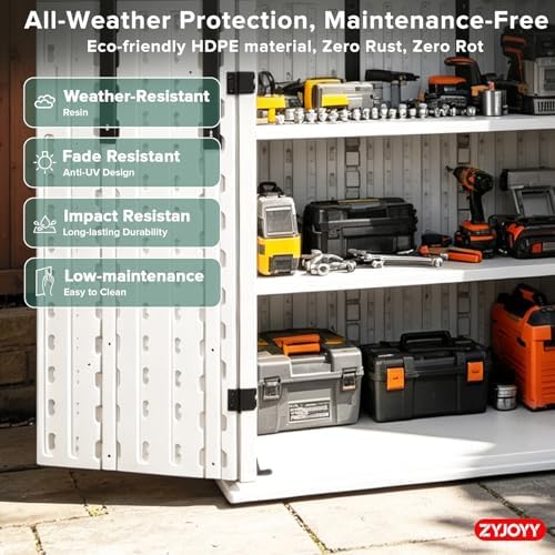 ZYJOYY Outdoor Storage Cabinet with 4 Shelves, 31.5" x 23.23" x 66.22" White Waterproof Resin Vertical Tool Shed, Lockable 30 cu.ft. Storage Shed for Patio, Garden, Yard