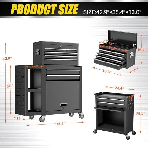 8-Drawer Rolling Tool Chest with Wheels, Lockable 3-in-1 Tool Box, Detachable Top Toolbox & Bottom Storage Cart with Side Hooks, Heavy Duty Steel Tool Cabinet for Garage, Workshop, Warehouse