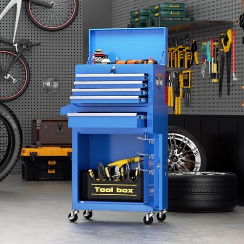 Oakcloud Heavy-Duty 5-Drawer Rolling Tool Chest & Cabinet Combo with Black Liner – Lockable Steel Garage Tool Box on Wheels – Detachable Top Toolbox & Bottom Storage Cart with Side Hooks
