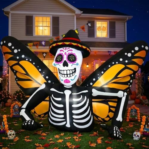7FT Halloween Inflatables Skeleton with Butterfly Wings for Roof Yard Decor
