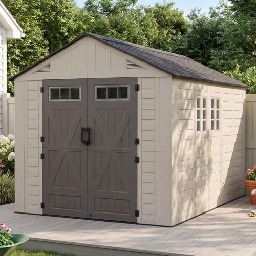 LazySunsets 8x12 Ft Outdoor Storage Shed with Light, Large Resin Outdoor Shed with Floor Included, 4 Windows & Lockable Door, Garden Plastic Storage Sheds for Bike, Lawn Tools, Garbage Can