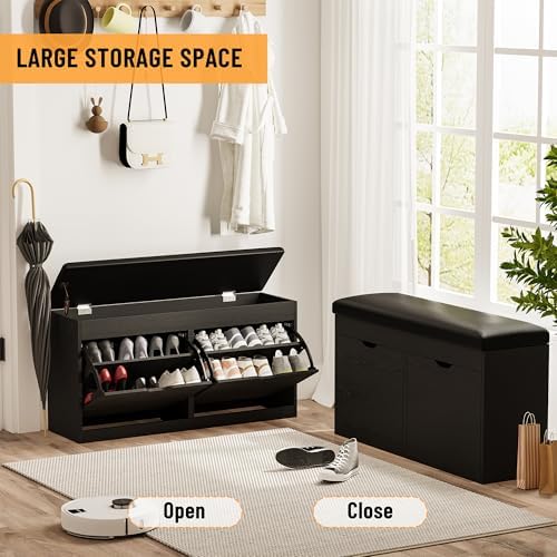 40" Shoe Storage Bench with Flip Drawers Padded Seat Cushion, Shoe Cabinet with Lift Top Storage Box, Shoe Bench Shoe Organizer for Entryway, Hallway, Living Room, Black