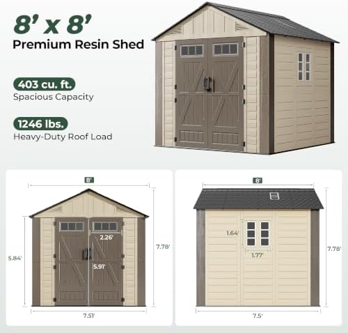 Resin Shed 8x8 FT Outdoor Storage Shed with Floor Included