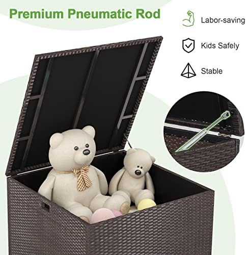 HAPPYGRILL Outdoor Storage Deck Box, 72 Gallon Square Wicker Patio Rattan Storage Container with Zippered Liner & Safe Pneumatic Rod, Outdoor Wicker Deck Box for Garden Tools Cushions