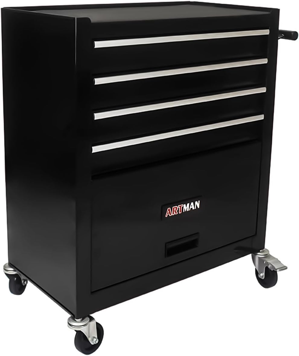 4-Drawer Heavy-Duty Rolling Steel Tool Cart with Handle&Wheels, Black Metal Storage Cabinet, Tool Chest for Efficient Tool Storage in Garage, Warehouse, Workshop, Repair Shop