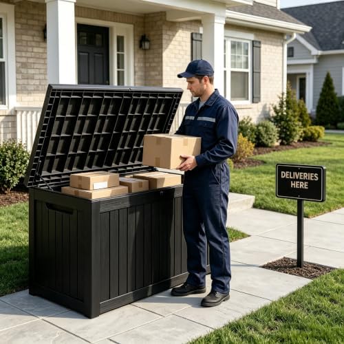 201 Gallon Large Resin Outdoor Storage Box, Waterproof Deck Box with Lockable Lid, Outside Storage Box for Patio Furniture, Pool Accessories, Garden Tools, Storage Bench for Backyard, Porch, Black