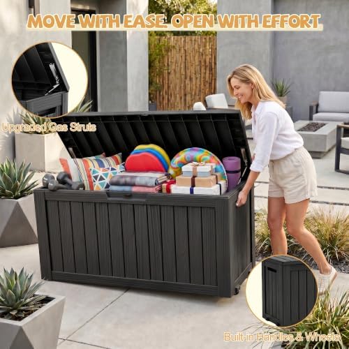 EFU Outdoor Storage Box Waterproof,150 Gal Gen 2 Resin Deck Box With Wheels