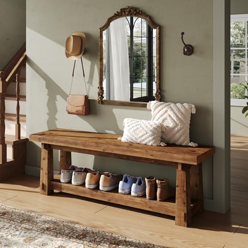 Solid Wood Entryway Bench, 55" Rustic Bench Seat with Shoe Storage, 350 LB