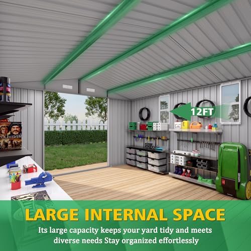 10x12 FT Outdoor Storage Shed, Large Metal Garden Shed with 2 Windows, Outside Tool Sheds with Lockable Hinged Doors, Waterproof Storage Building with 4 Air Vents for Backyard, Patio, Lawn, Gray