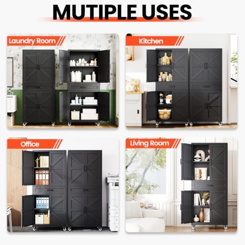 STANI 73" H Metal Storage Cabinet with Wheels, Black Rolling Tool Cabinet