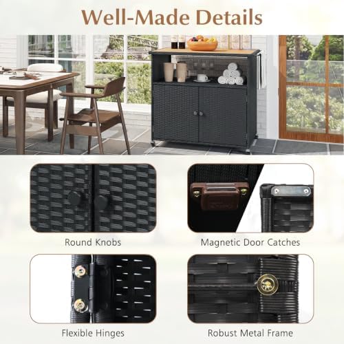 HAPPYGRILL Outdoor Storage Cabinet with Wheels, PE Rattan Deck Box (Black)