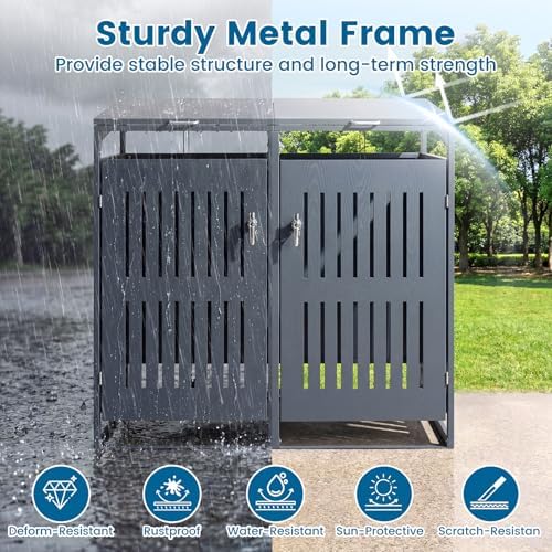 Goplus 44 Cu.Ft Outdoor Trash Can Storage, Garbage Can Hider Outdoor with 2 Lockable Doors Gas Struts & Shock Absorbers, Slant-roof Outdoor Storage for Patio, Backyards, Yard & Garden (52"x32"x49.5")