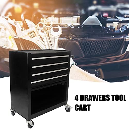 4-Drawer Heavy-Duty Rolling Steel Tool Cart with Handle&Wheels, Black Metal Storage Cabinet, Tool Chest for Efficient Tool Storage in Garage, Warehouse, Workshop, Repair Shop