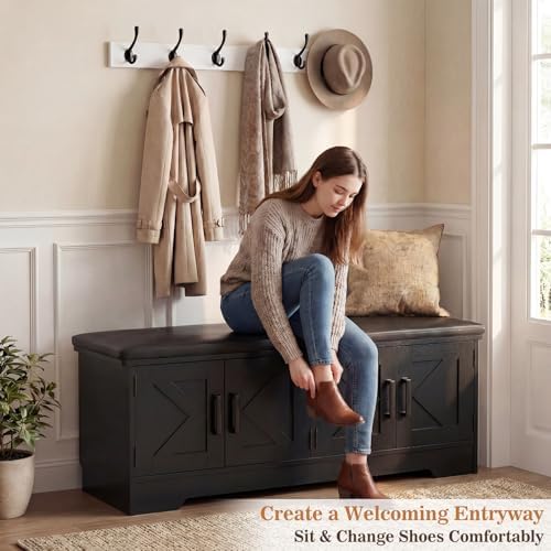 Armocity 43.3" Farmhouse Shoe Storage Bench with Cushion for Entryway