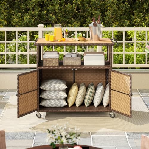 Tangkula Rattan Outdoor Storage Cabinet with 4 Wheels (Mix Gray)