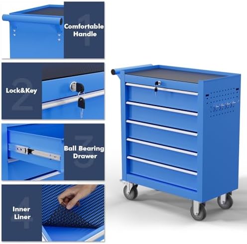 5-Drawer Tool Chest,Rolling Tool Cart with Wheels,High Capacity Tool Cabinet with Locking System for Garage, Warehouse, Workshop-Blue