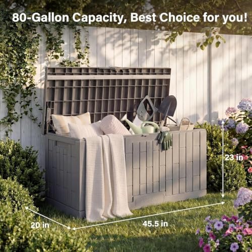 EAST OAK Outdoor Storage Box, 80 Gallon Deck Box, Waterproof Resin Storage Bin for Patio Cushions, Gardening Tools, Lockable, UV Resistant, Ash Grey