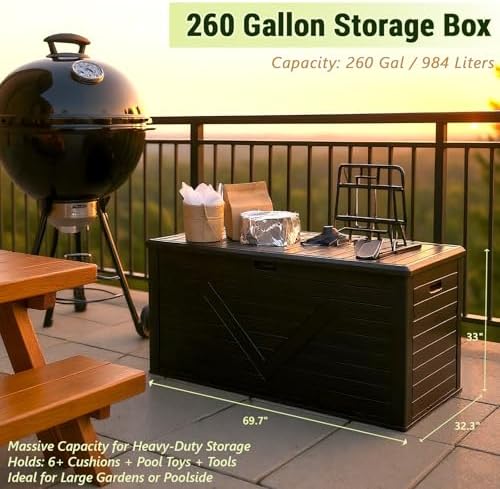 260 Gallon PRO Outdoor Storage Box Waterproof Lockable Resin Deck Box Large, Patio Storage Bin for Pool Accessories Cushion Furniture, Garden Tools, UV-Resistant Outside Delivery Black