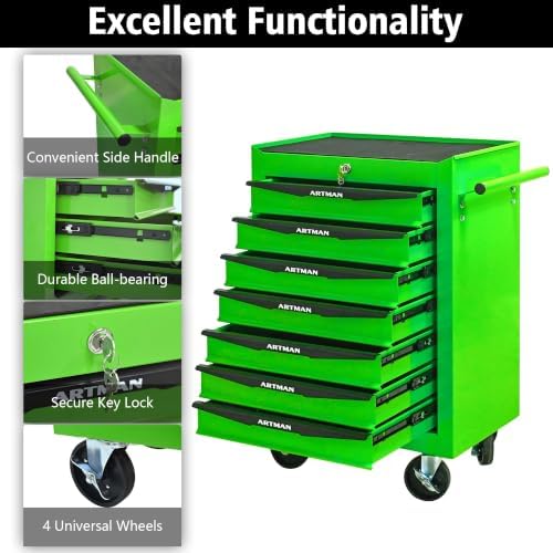Heavy Duty 7-Drawer Rolling Tool Chest, Key Lock Tool Storage Cabinet with Lockable Casters & Drawer Liners, Mobile Tool Organizer Cart for Garage Workshop Warehouse Repair Shop (Green)