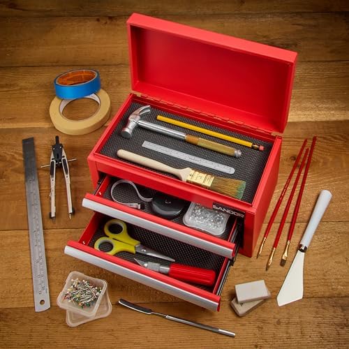 Mini Tool Box - Metal Tool Chest with 2 Drawers & PVC Drawer Liners - Red