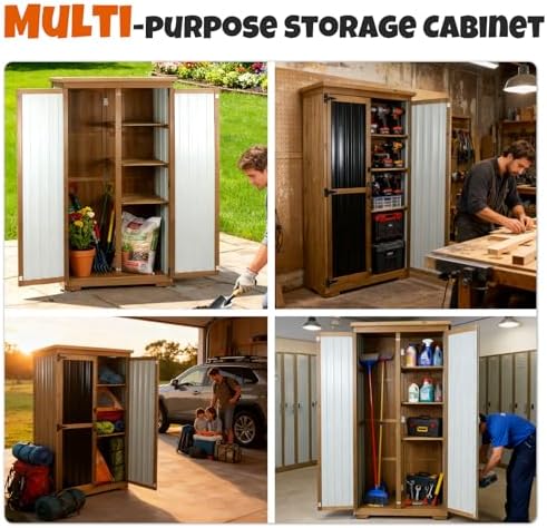 Outdoor Storage Cabinet with Shelves, Wood & Metal Storage Shed with Weatherproof Roof, Lockable Doors, Adjustable Feet, Outside Storage Cabinet for Garage, Patio (15.6" D x 32.3" W x 65.8" H)