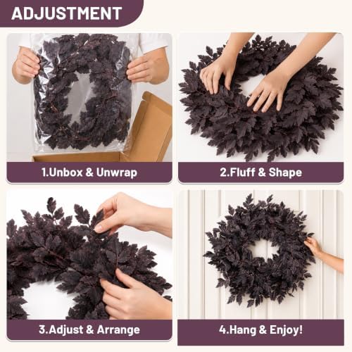 Fall Wreath for Front Door- 24 Inch Fall Decor Plum Leaves Halloween Wreath