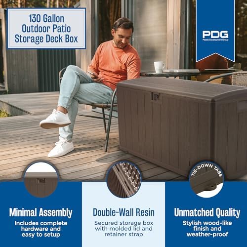 Plastic Development Group Outdoor Deck Box, Soft Close, Java, 130 Gal