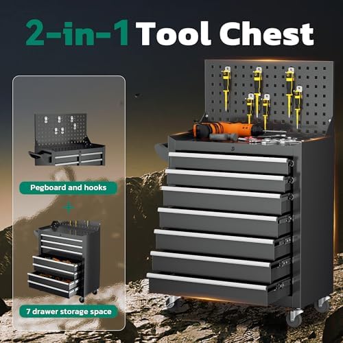 Greenvelly 7-Drawer Rolling Tool Chest with Pegboard, Pre-Assembled Metal Tool Box with Drawers, Tool Storage Cabinet with Wheels for Garage, Workshop, Repair Room (Black)