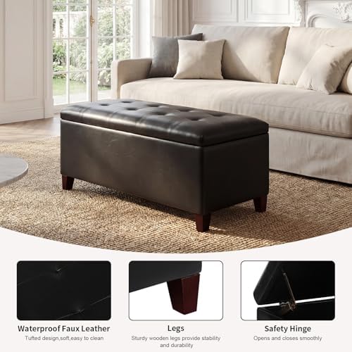 Asense Storage Ottoman Bench, 33" Faux Leather Upholstered End of Bed Bench with Safety Hinge,Wooden Legs,for Entryway Bedroom Living Room,Black