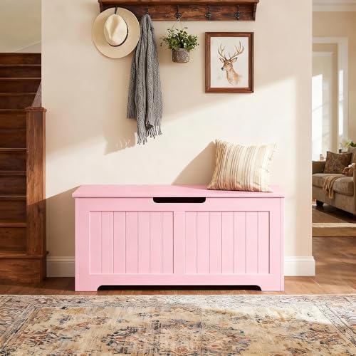 SUPER DEAL Storage Chest, 39 inches Chest Box Organizer with 2 Safety Hinges, Wooden Entryway Shoe Organizer Storage Bench, Pink