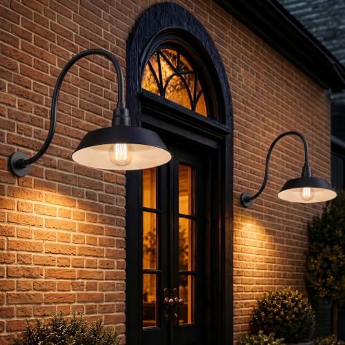 14in. satin black outdoor gooseneck barn light fixture shown in use