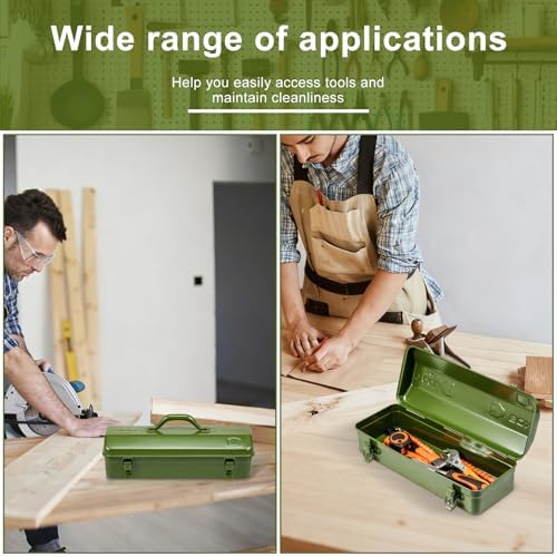 Tool Box, 16.9" Portable Metal Tool Organizer Box with Double Latch Closure and Handle, Heavy Duty Hip Roof Style Tool Chest for Household Workshop Car (Green)